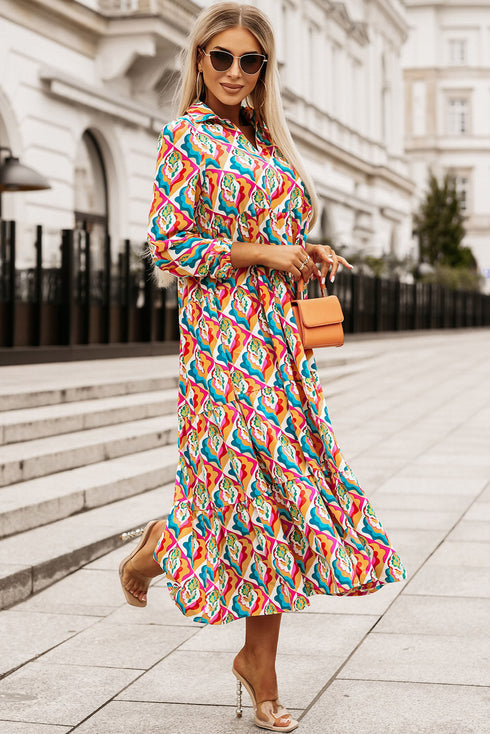 Multi-Color Abstract Geometric Print Long Sleeve High Waist Dress